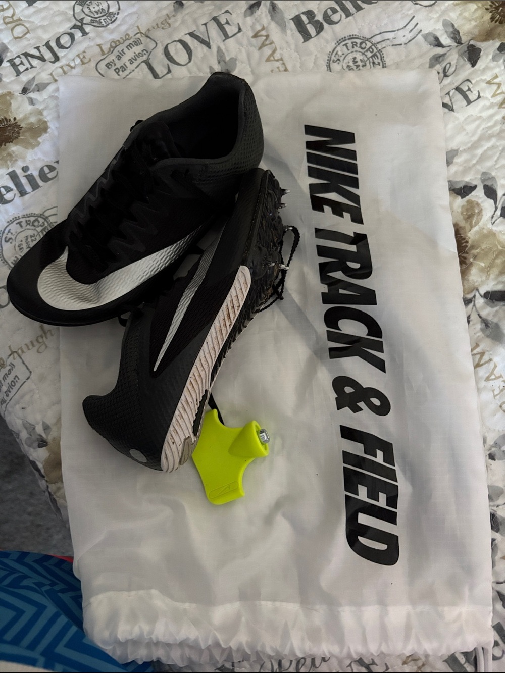 Nike Kids Black and White Track Spikes with Neon Yellow Spike Key